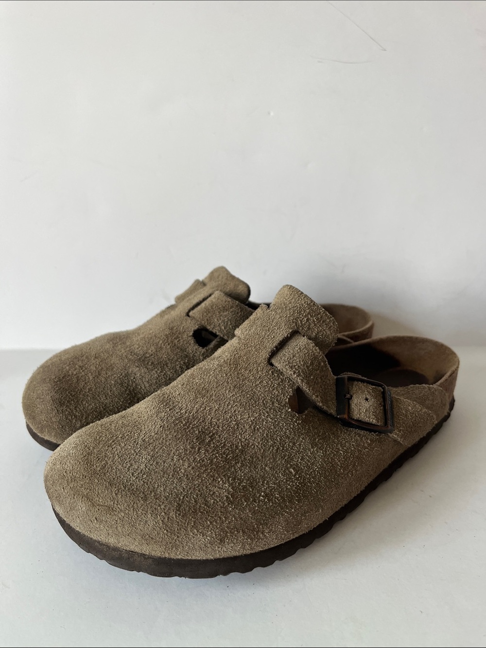 Birkenstock Suede Clog Mules in Taupe Brown